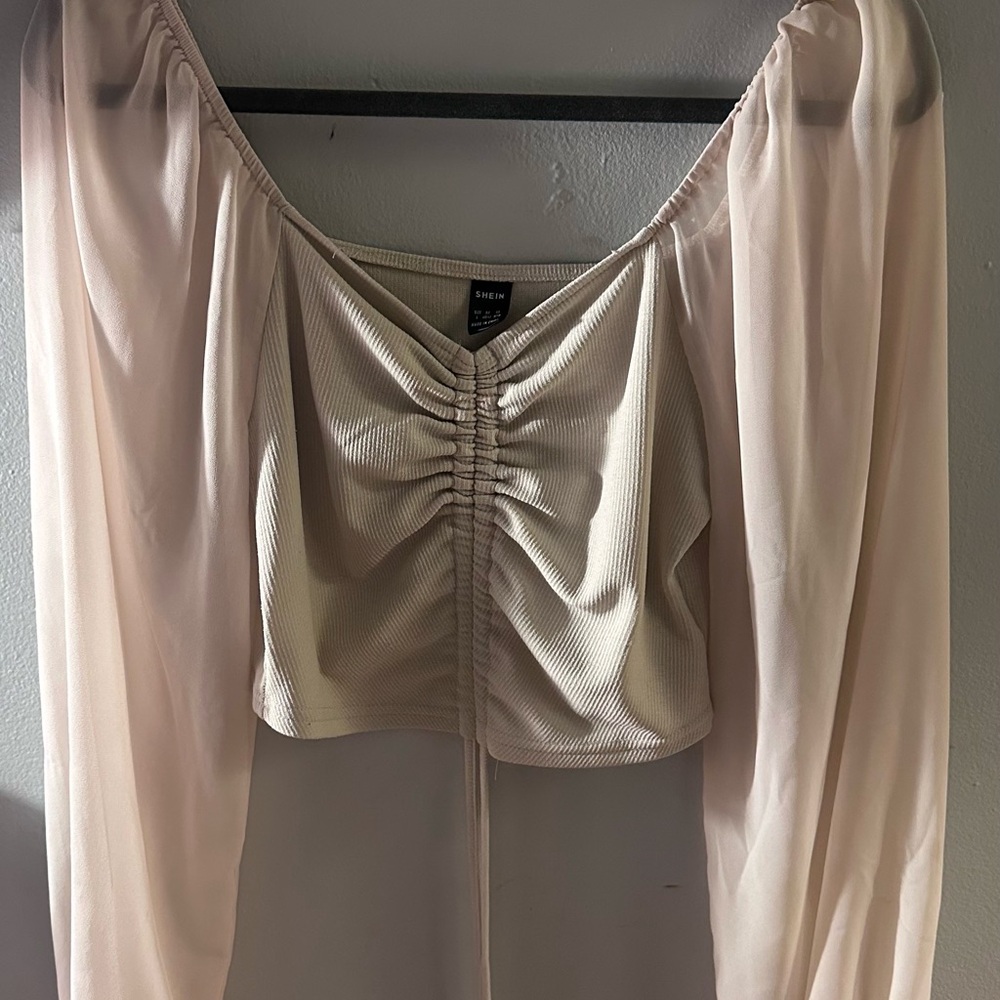 SHEIN Tan Cream Ruched Crop Blouse